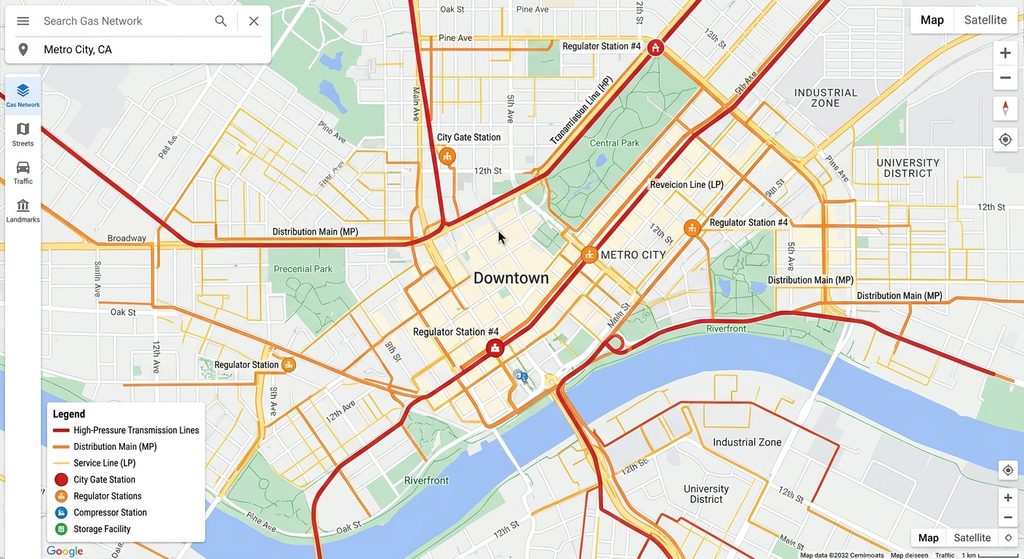 Home gas pipeline systems in city on maps like google maps